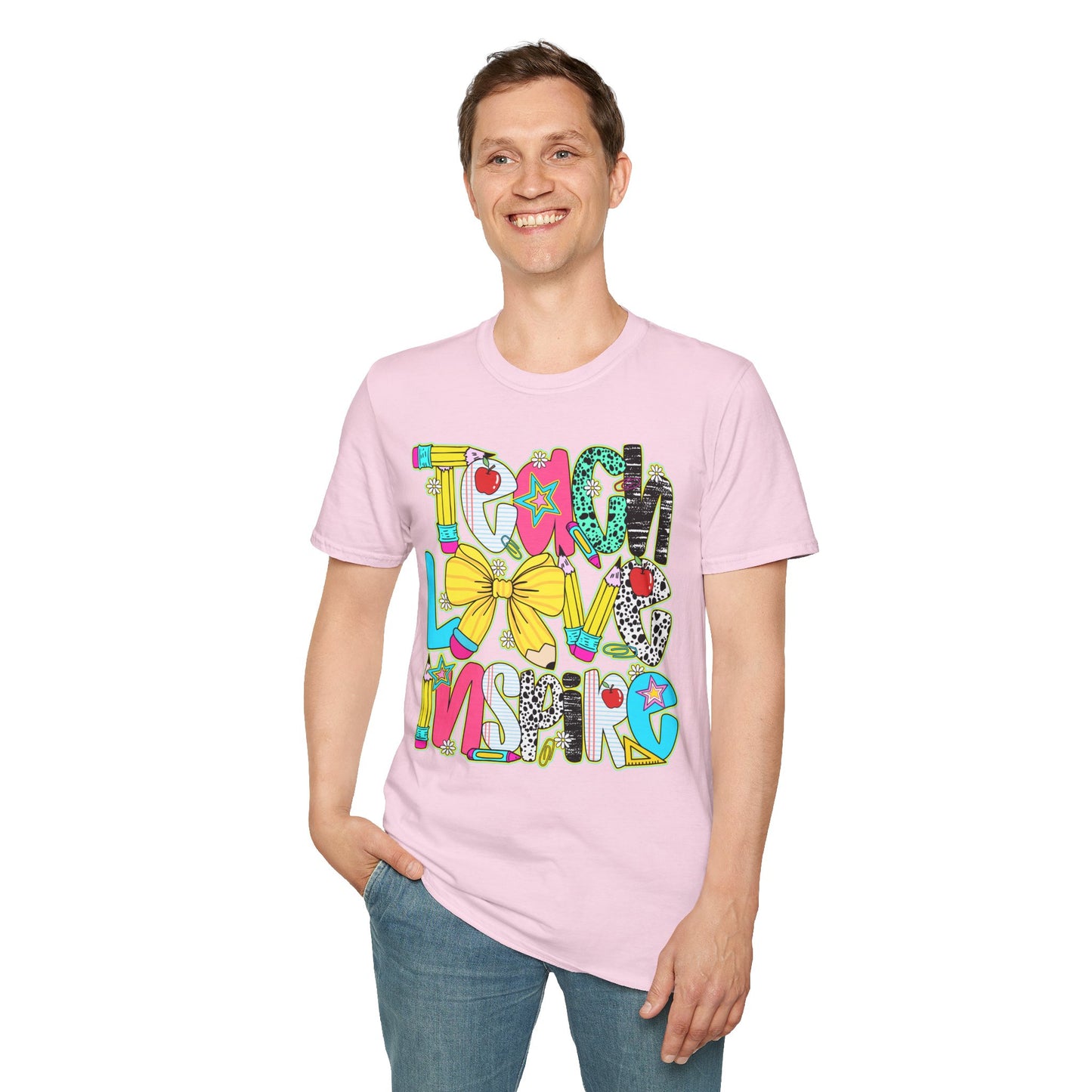 Colorful Teacher T-Shirt, Teach Love Inspire Shirt, Gift for Educators, Back to School Apparel, Inspirational Tops