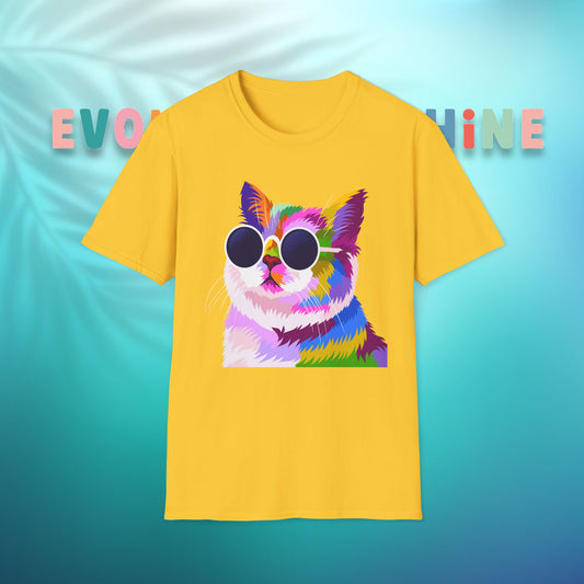 Colorful Cat Art T-Shirt, Fun Tee for Cat Lovers, Vintage Style Graphic Shirt, Cute Pet Gift, Casual Wear for Summer