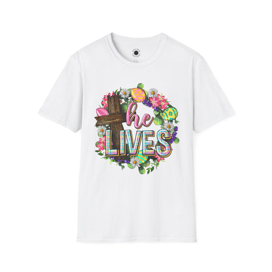 He Lives Floral Wreath Unisex T-Shirt - Spring & Easter Celebration Tee
