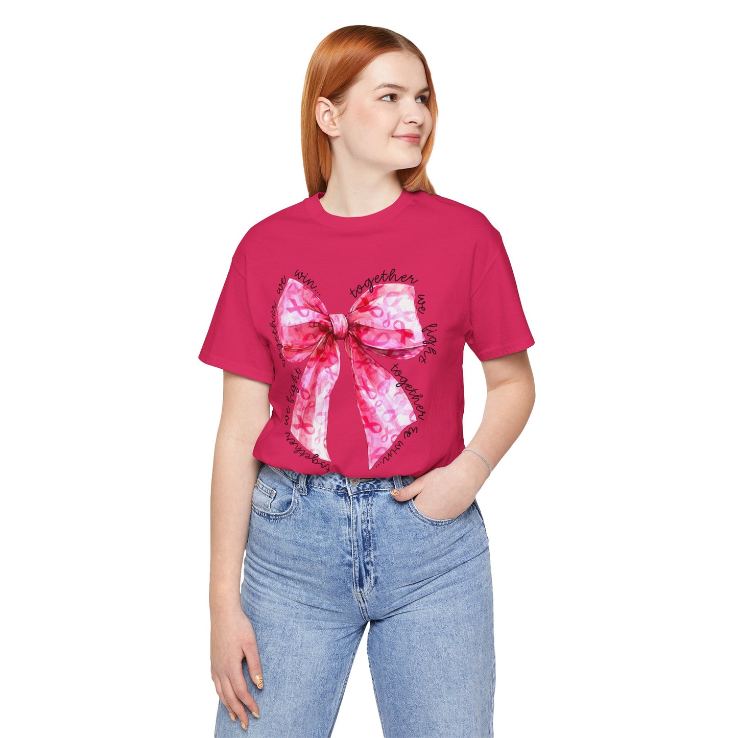 Pink Cancer Coquette Bow Tee, Breast Cancer Awareness Ribbon Shirt, Unisex Jersey Short Sleeve Top, Pink Ribbon T-shirt, Express Delivery available