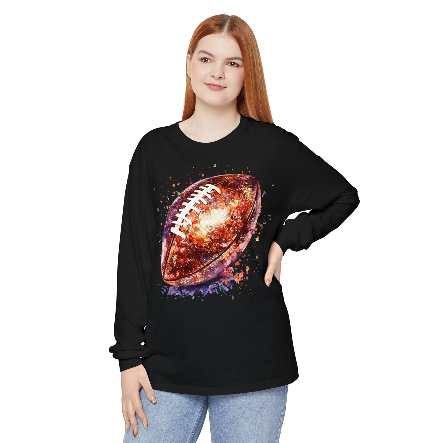 Glitter Football Long Sleeve T-Shirt, Comfort Colors Shirt, Sparkly Sports Fan Apparel, Unisex Tee, Fall Game Day Outfit