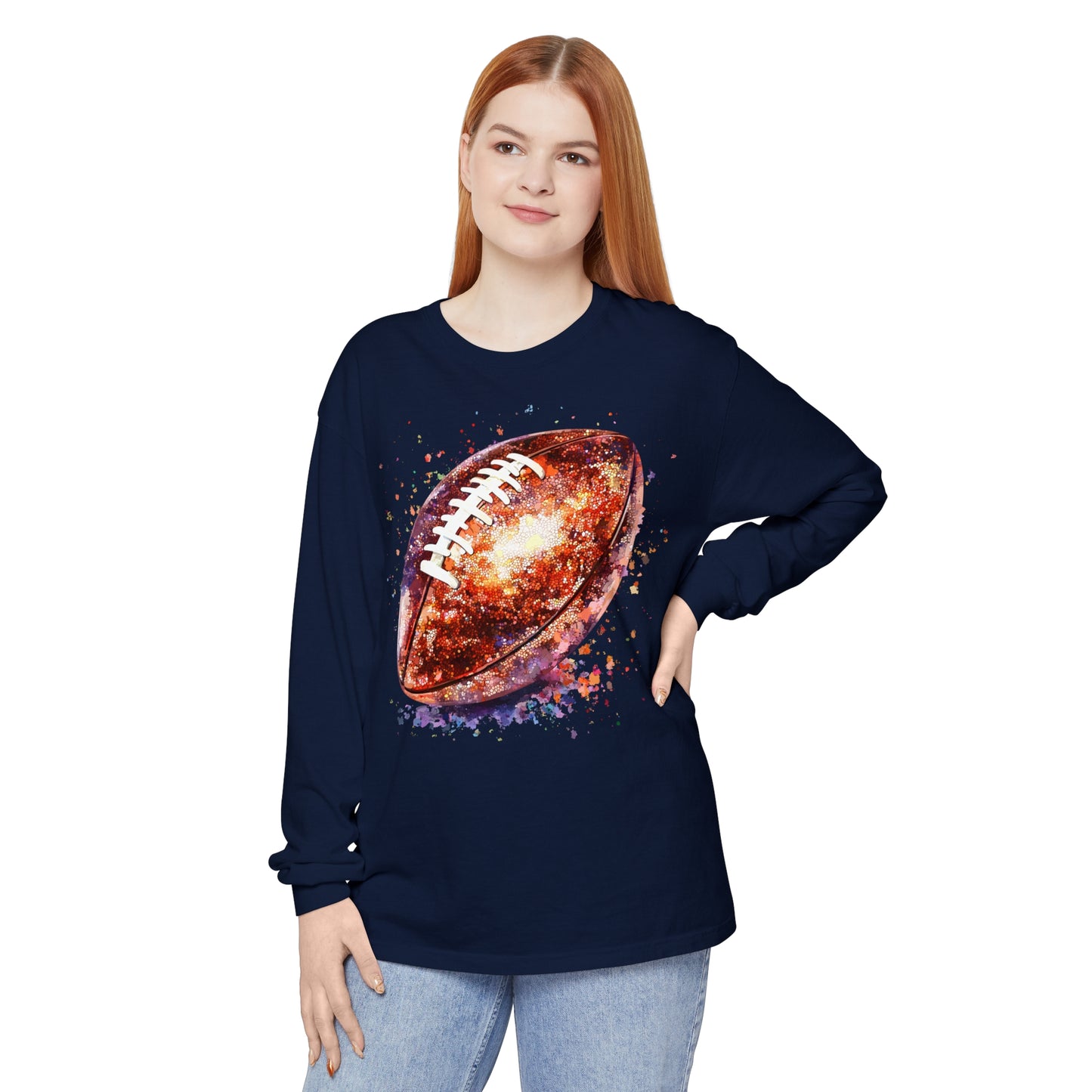 Glitter Football Long Sleeve T-Shirt, Comfort Colors Shirt, Sparkly Sports Fan Apparel, Unisex Tee, Fall Game Day Outfit