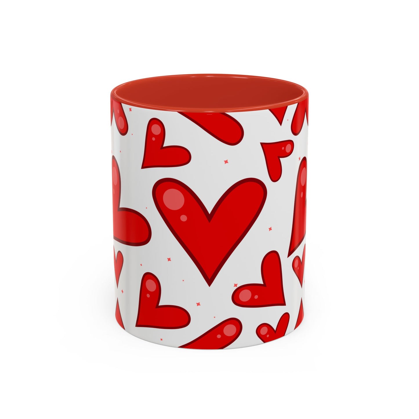 Red Hearts Accent Mug, Coffee Cup with Big Red Hearts, White Background, Red Handle and Inside, Valentine's Day Gift, Love Mug, Romantic