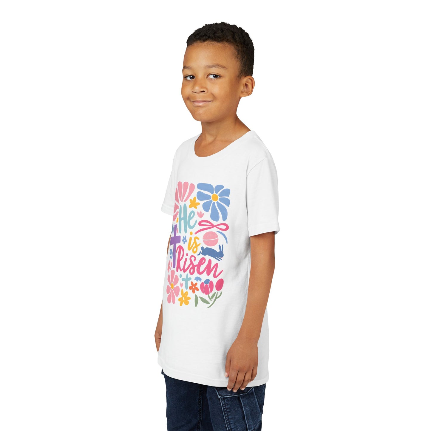 Youth Short Sleeve Tee - "He is Risen" Floral Design