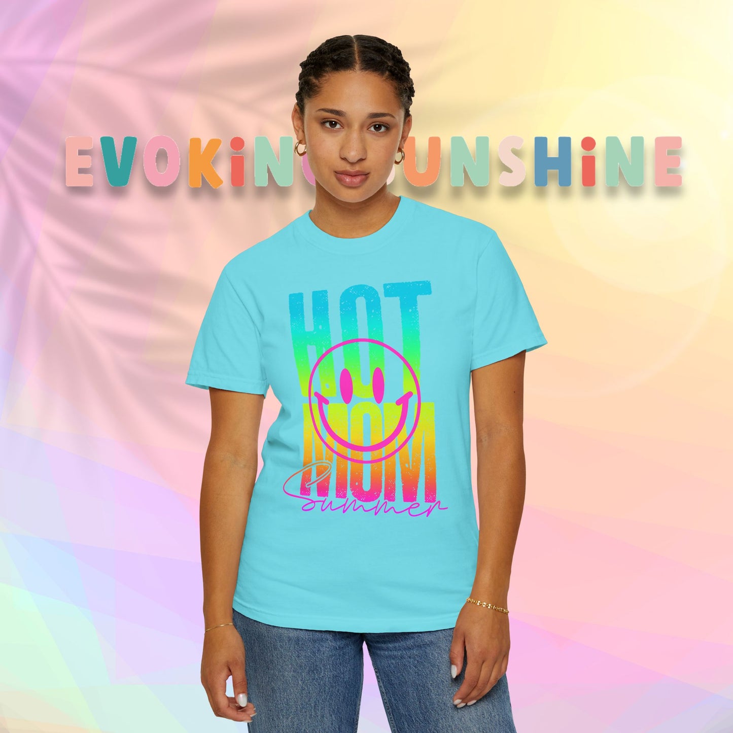 Neon Hot Mom Summer Unisex T-shirt, Neon Smile Face Shirt, Trendy Summer Tee, Cute Smiley Face Top, Casual Summer Apparel