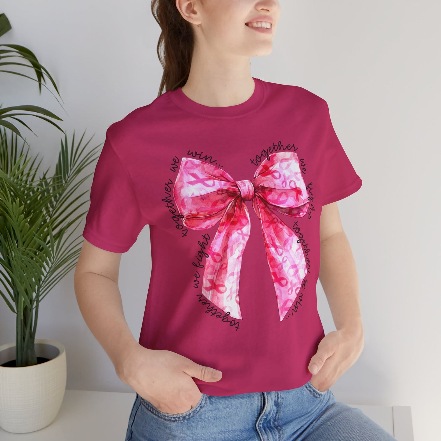 Pink Cancer Coquette Bow Tee, Breast Cancer Awareness Ribbon Shirt, Unisex Jersey Short Sleeve Top, Pink Ribbon T-shirt, Express Delivery available