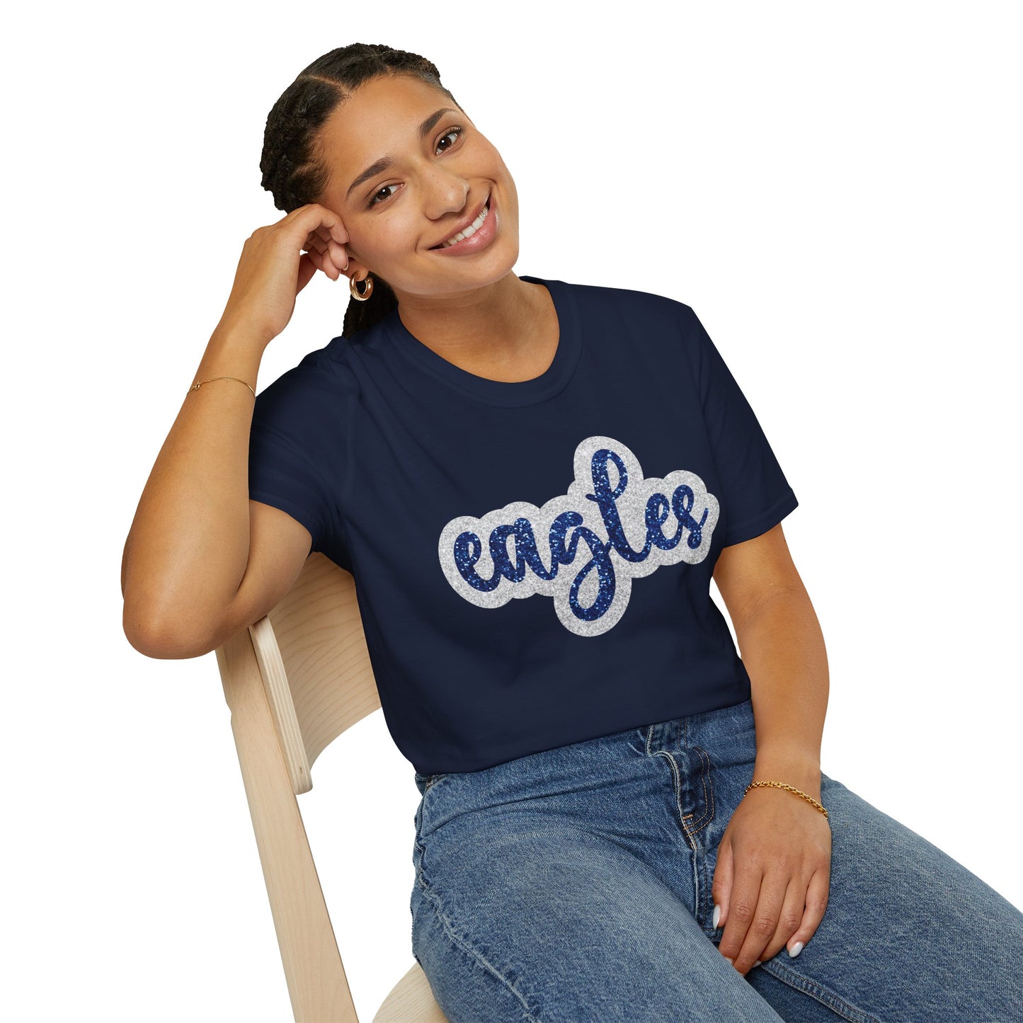 Eagles Silver and Navy Faux Glitter Spirit T-Shirt - School - Sports - Celebration - Fan Shirt - Unisex Soft-style T-Shirt