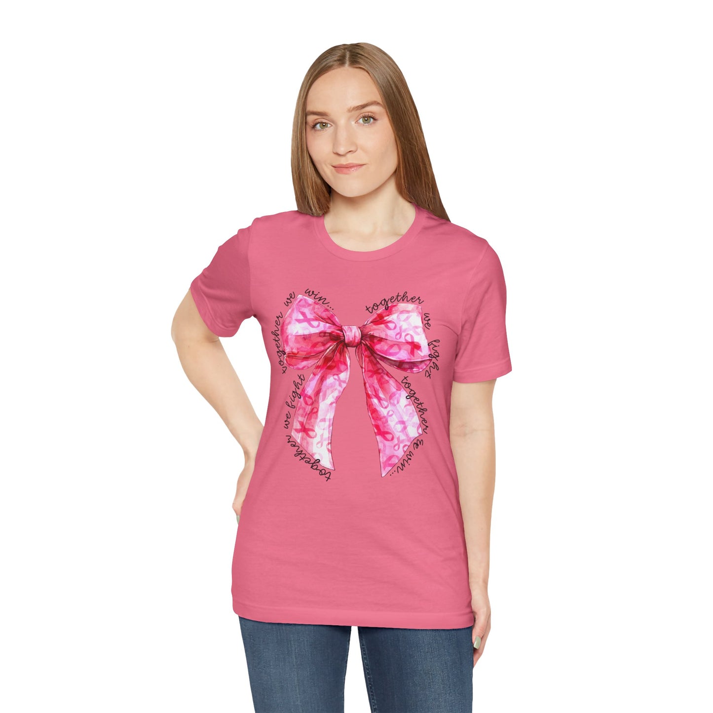 Pink Cancer Coquette Bow Tee, Breast Cancer Awareness Ribbon Shirt, Unisex Jersey Short Sleeve Top, Pink Ribbon T-shirt, Express Delivery available