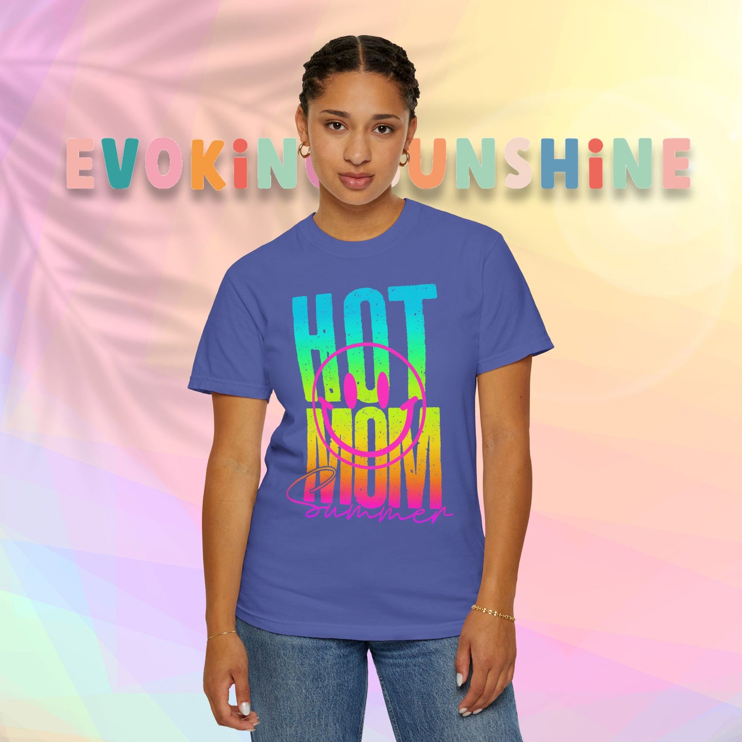 Neon Hot Mom Summer Unisex T-shirt, Neon Smile Face Shirt, Trendy Summer Tee, Cute Smiley Face Top, Casual Summer Apparel