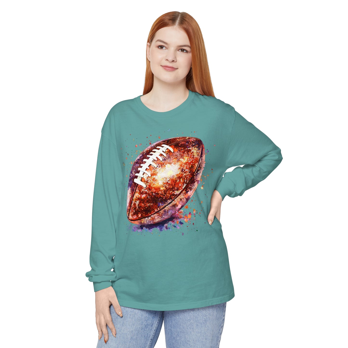 Glitter Football Long Sleeve T-Shirt, Comfort Colors Shirt, Sparkly Sports Fan Apparel, Unisex Tee, Fall Game Day Outfit