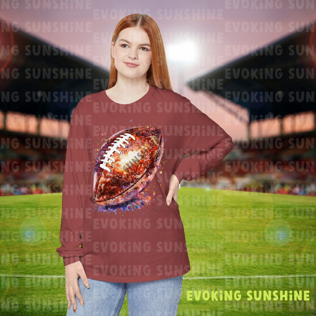 Glitter Football Long Sleeve T-Shirt, Comfort Colors Shirt, Sparkly Sports Fan Apparel, Unisex Tee, Fall Game Day Outfit
