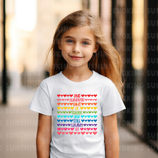 100 Days of Loving Rainbow School T-Shirt, Hearts and Rainbows, School Spirit, Youth