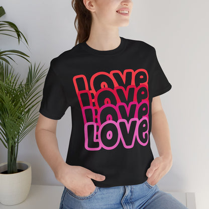 Love Repeat Tee, Red Pink Bold Outline Font T-Shirt, Heart Pattern Shirt, Valentine's Day Graphic Top, Unisex Jersey Short Sleeve Tee