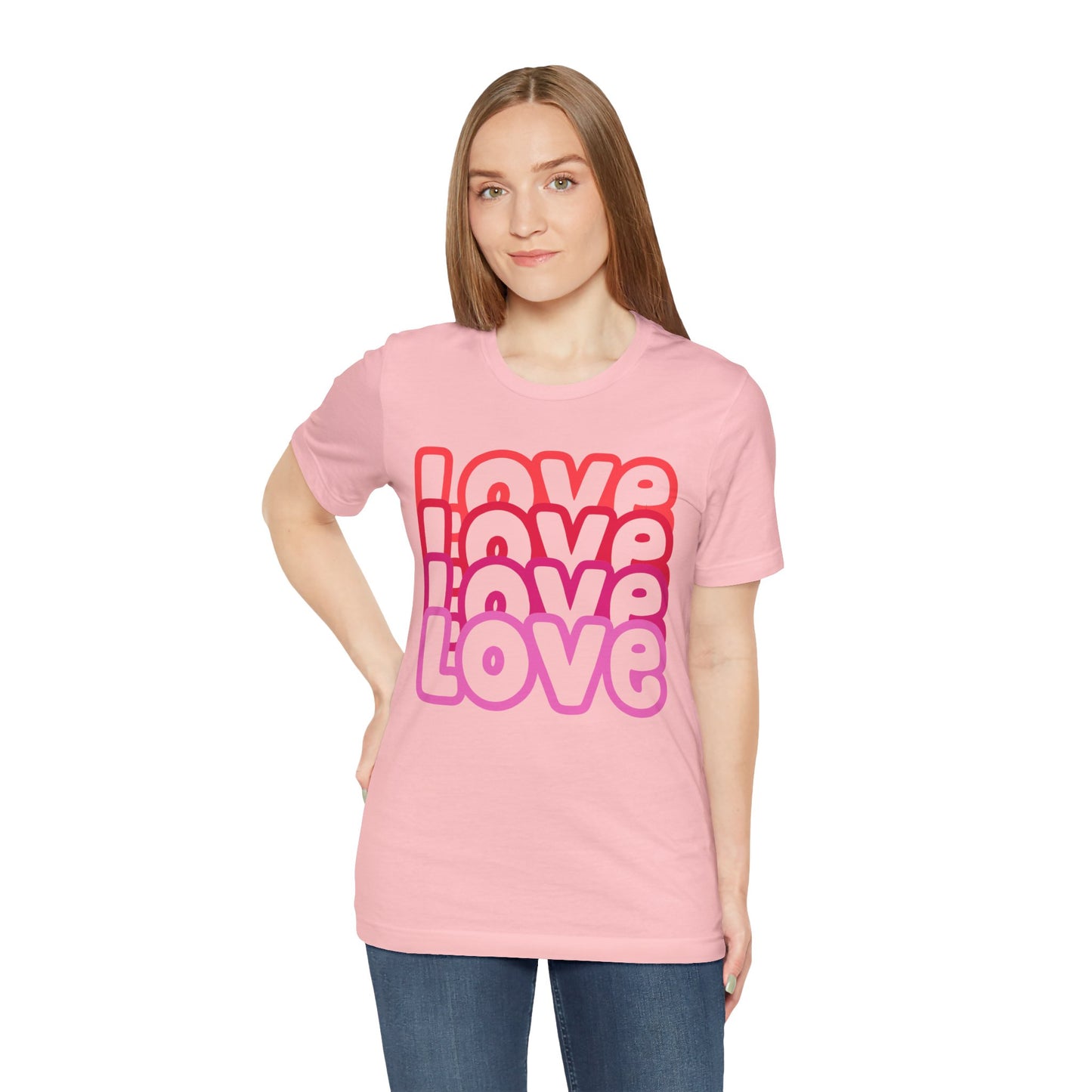 Love Repeat Tee, Red Pink Bold Outline Font T-Shirt, Heart Pattern Shirt, Valentine's Day Graphic Top, Unisex Jersey Short Sleeve Tee