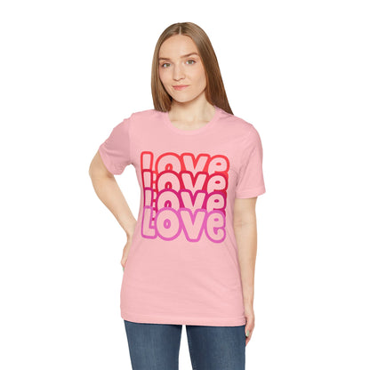 Love Repeat Tee, Red Pink Bold Outline Font T-Shirt, Heart Pattern Shirt, Valentine's Day Graphic Top, Unisex Jersey Short Sleeve Tee