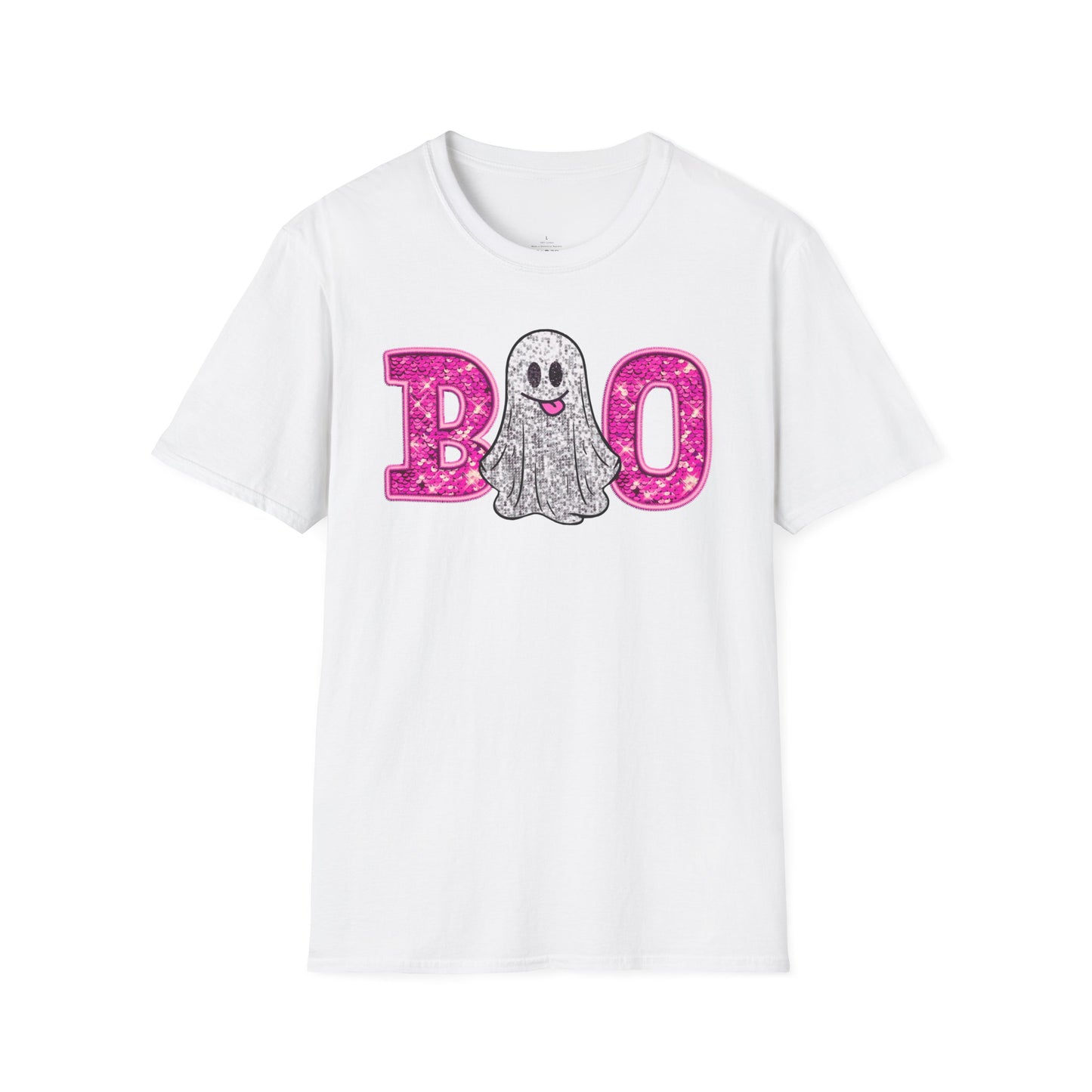 Faux Glitter "BOO" Shirt – Spooky Meets Sparkly! - Unisex Softstyle T-Shirt