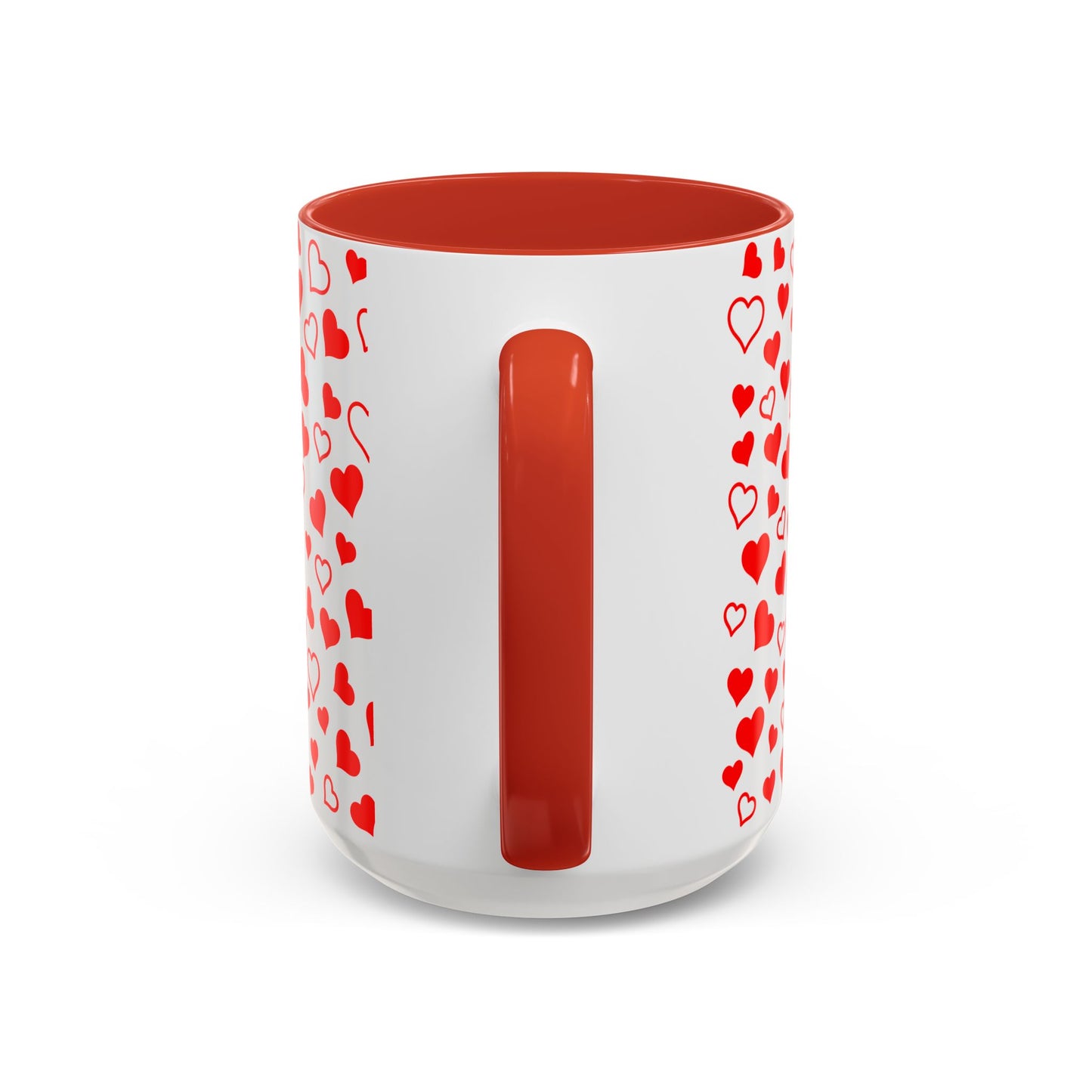 Heart Pattern Coffee Mug, Red Accent Handle, White 11 oz & 15 oz Mug, Valentine's Day Gift, Love Theme Cup, Romantic Drinkware