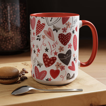 Valentine's Hearts Red Accent Coffee Mug (11, 15oz), Gift for Coffee Lovers, Valentine's Day Mug, Heart Design Cup, Valentine's Gift Idea,