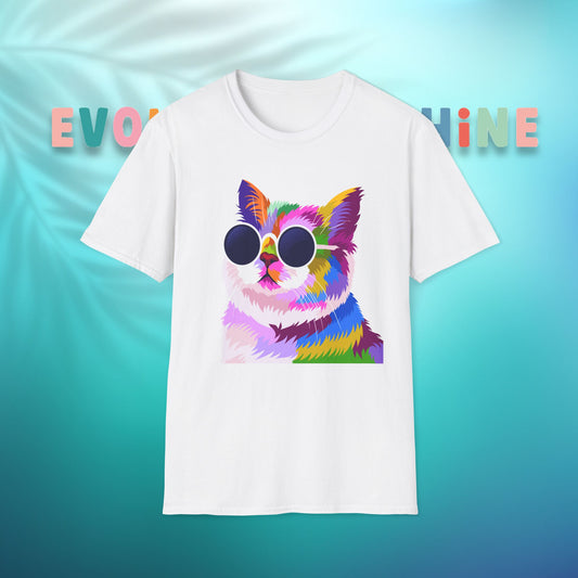 Colorful Cat Art T-Shirt, Fun Tee for Cat Lovers, Vintage Style Graphic Shirt, Cute Pet Gift, Casual Wear for Summer