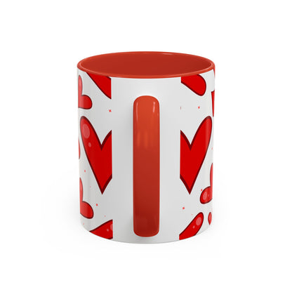 Red Hearts Accent Mug, Coffee Cup with Big Red Hearts, White Background, Red Handle and Inside, Valentine's Day Gift, Love Mug, Romantic