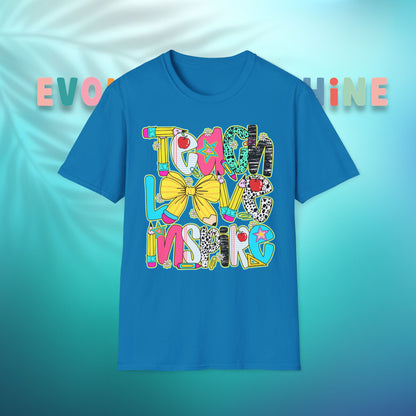 Colorful Teacher T-Shirt, Teach Love Inspire Shirt, Gift for Educators, Back to School Apparel, Inspirational Tops