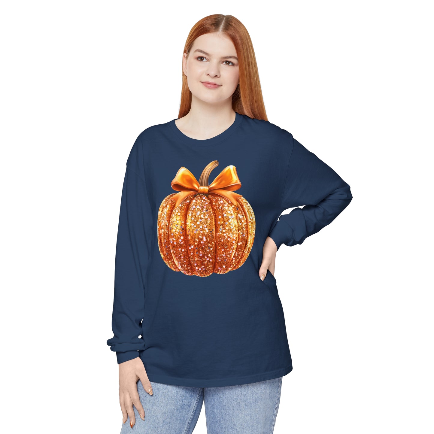 Pumpkin Sequin Long Sleeve Shirt, Halloween Orange Glitter Top & Bow, Comfort Colors Tee, Unisex Garment-dyed T-Shirt