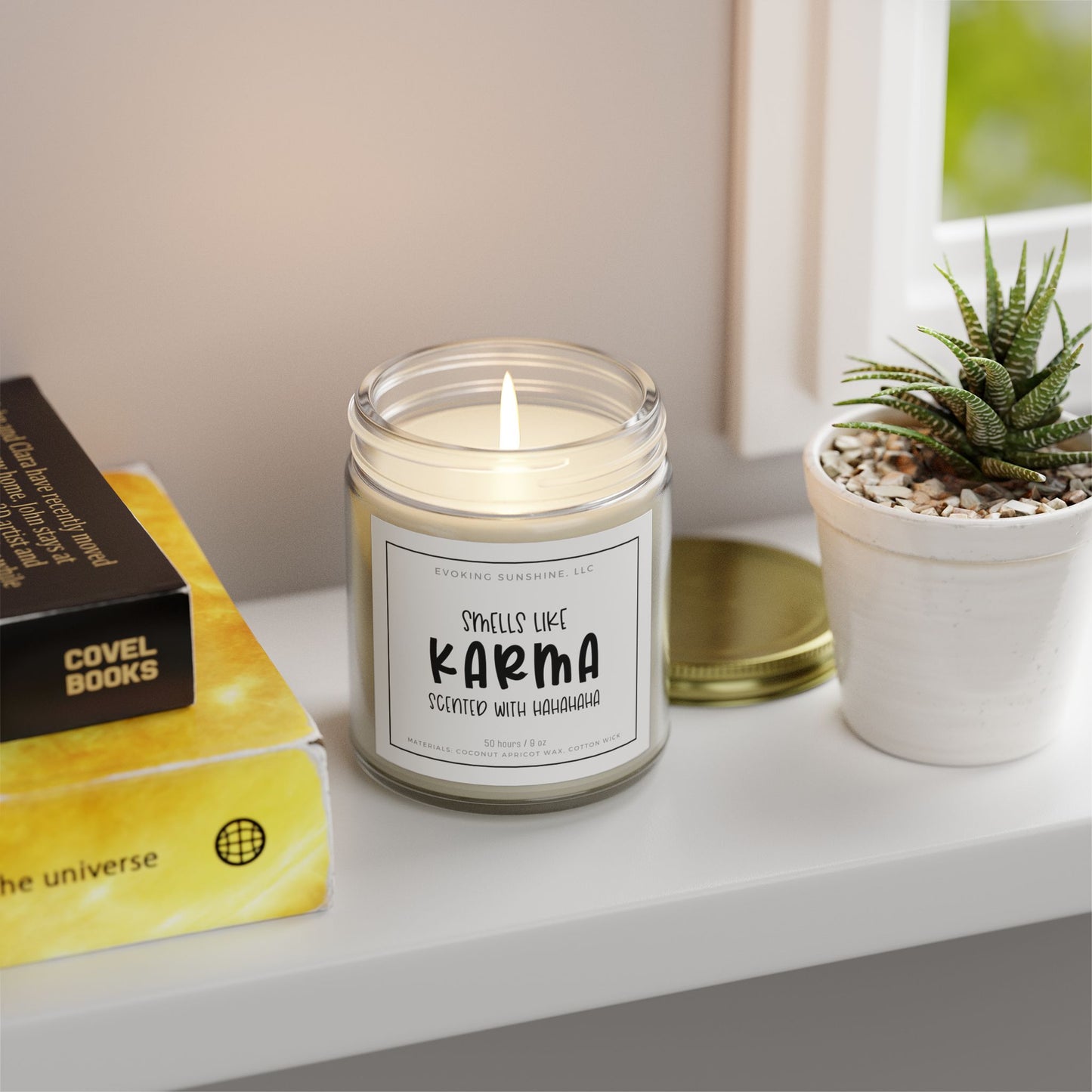 9 oz Scented Candle, 'Smells Like Karma, Scented with Hahahahaha', Hand-Poured in the USA, 9 Scents, Coconut Apricot Wax
