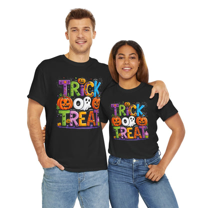 Halloween Trick or Treat Tee, Unisex Shirt for Adults, Jack-o-lantern and Ghost Design, Halloween Costume Shirt, Halloween Party Apparel,