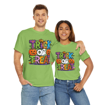 Halloween Trick or Treat Tee, Unisex Shirt for Adults, Jack-o-lantern and Ghost Design, Halloween Costume Shirt, Halloween Party Apparel,