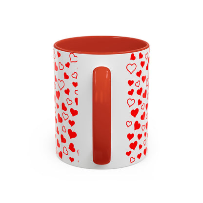 Heart Pattern Coffee Mug, Red Accent Handle, White 11 oz & 15 oz Mug, Valentine's Day Gift, Love Theme Cup, Romantic Drinkware