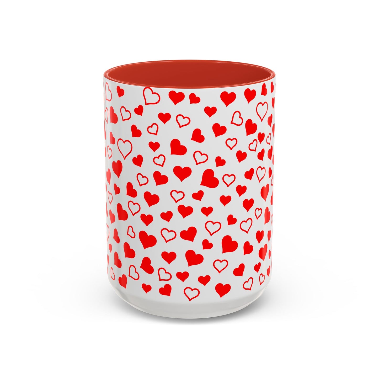 Heart Pattern Coffee Mug, Red Accent Handle, White 11 oz & 15 oz Mug, Valentine's Day Gift, Love Theme Cup, Romantic Drinkware