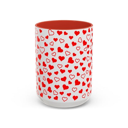 Heart Pattern Coffee Mug, Red Accent Handle, White 11 oz & 15 oz Mug, Valentine's Day Gift, Love Theme Cup, Romantic Drinkware