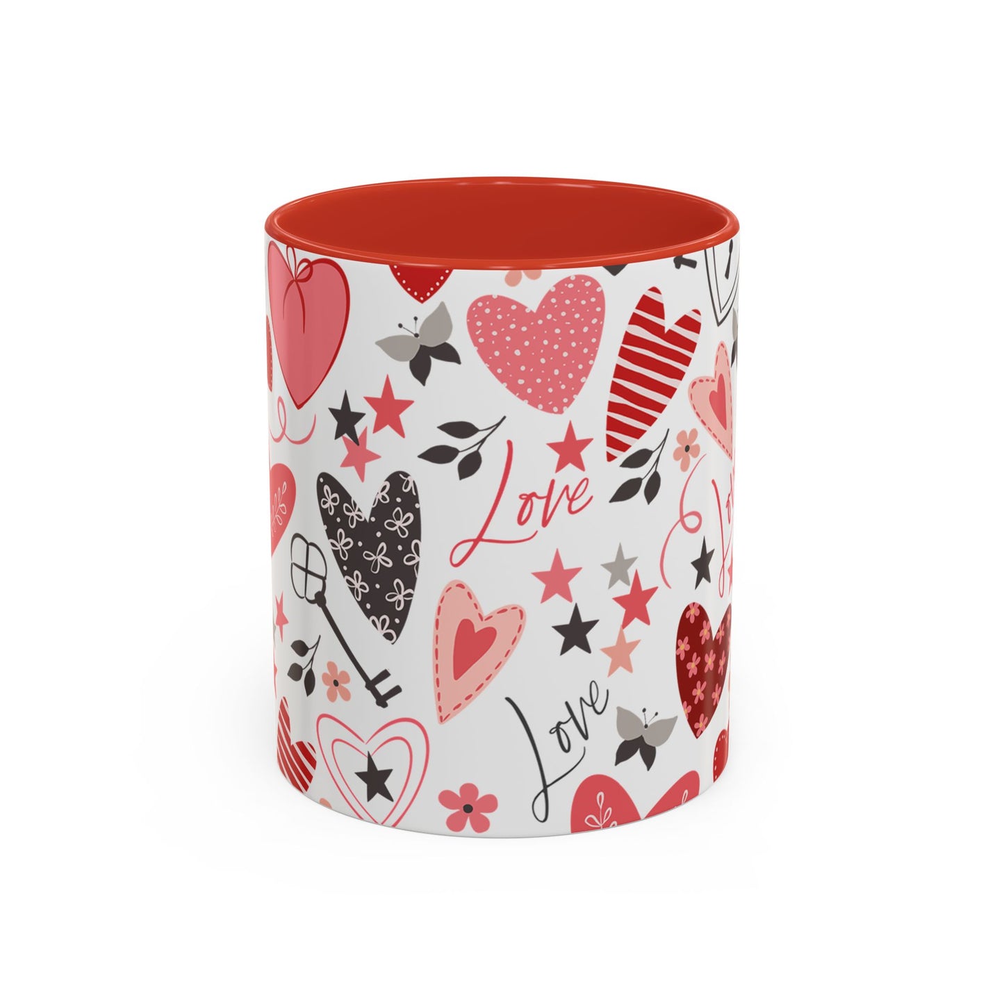 Valentine's Hearts Red Accent Coffee Mug (11, 15oz), Gift for Coffee Lovers, Valentine's Day Mug, Heart Design Cup, Valentine's Gift Idea,