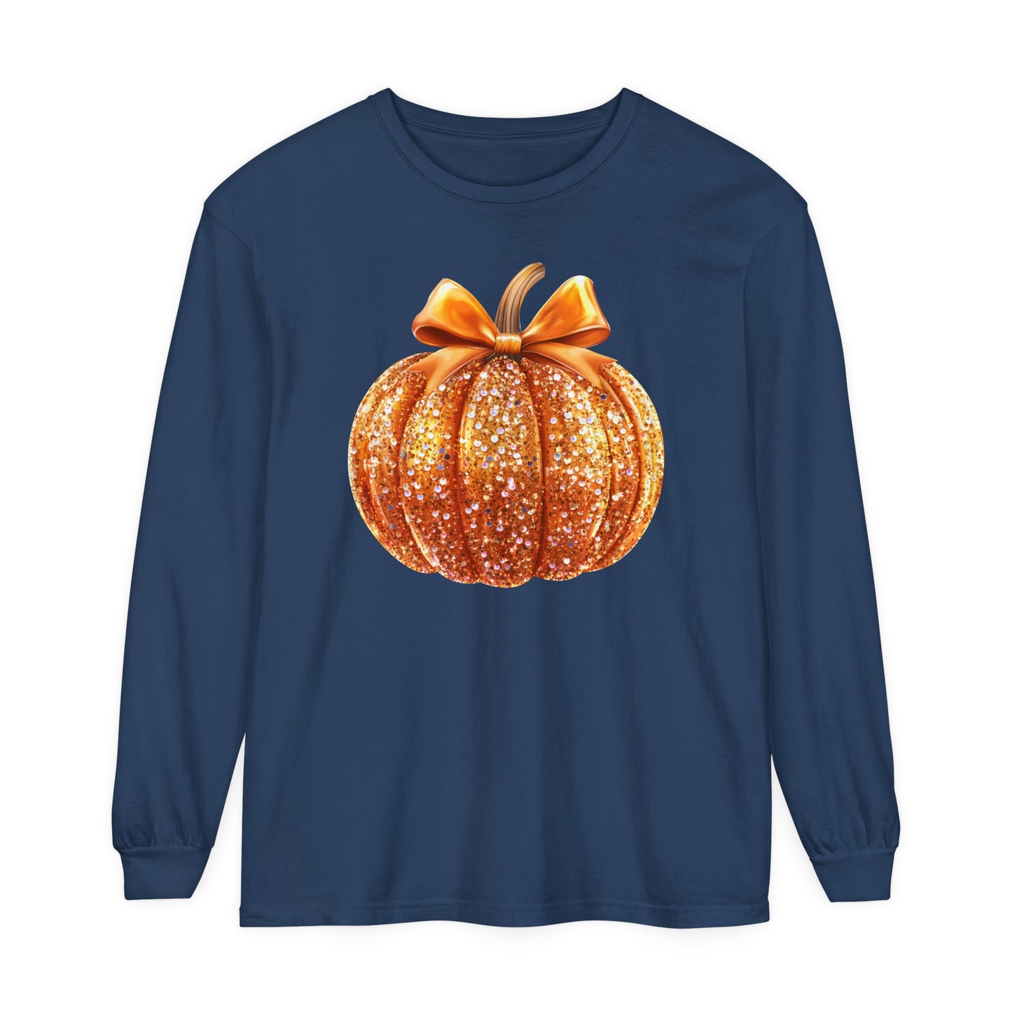 Pumpkin Sequin Long Sleeve Shirt, Halloween Orange Glitter Top & Bow, Comfort Colors Tee, Unisex Garment-dyed T-Shirt