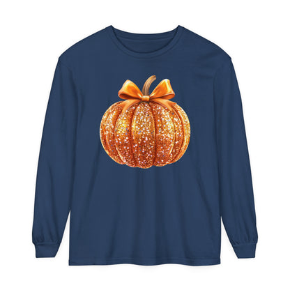 Pumpkin Sequin Long Sleeve Shirt, Halloween Orange Glitter Top & Bow, Comfort Colors Tee, Unisex Garment-dyed T-Shirt