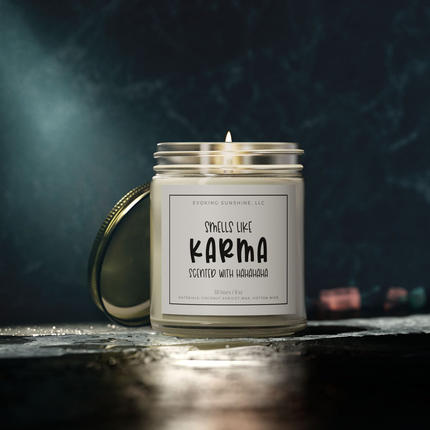 9 oz Scented Candle, 'Smells Like Karma, Scented with Hahahahaha', Hand-Poured in the USA, 9 Scents, Coconut Apricot Wax