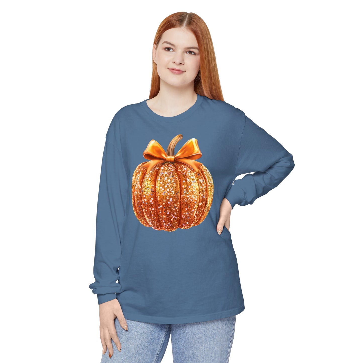 Pumpkin Sequin Long Sleeve Shirt, Halloween Orange Glitter Top & Bow, Comfort Colors Tee, Unisex Garment-dyed T-Shirt