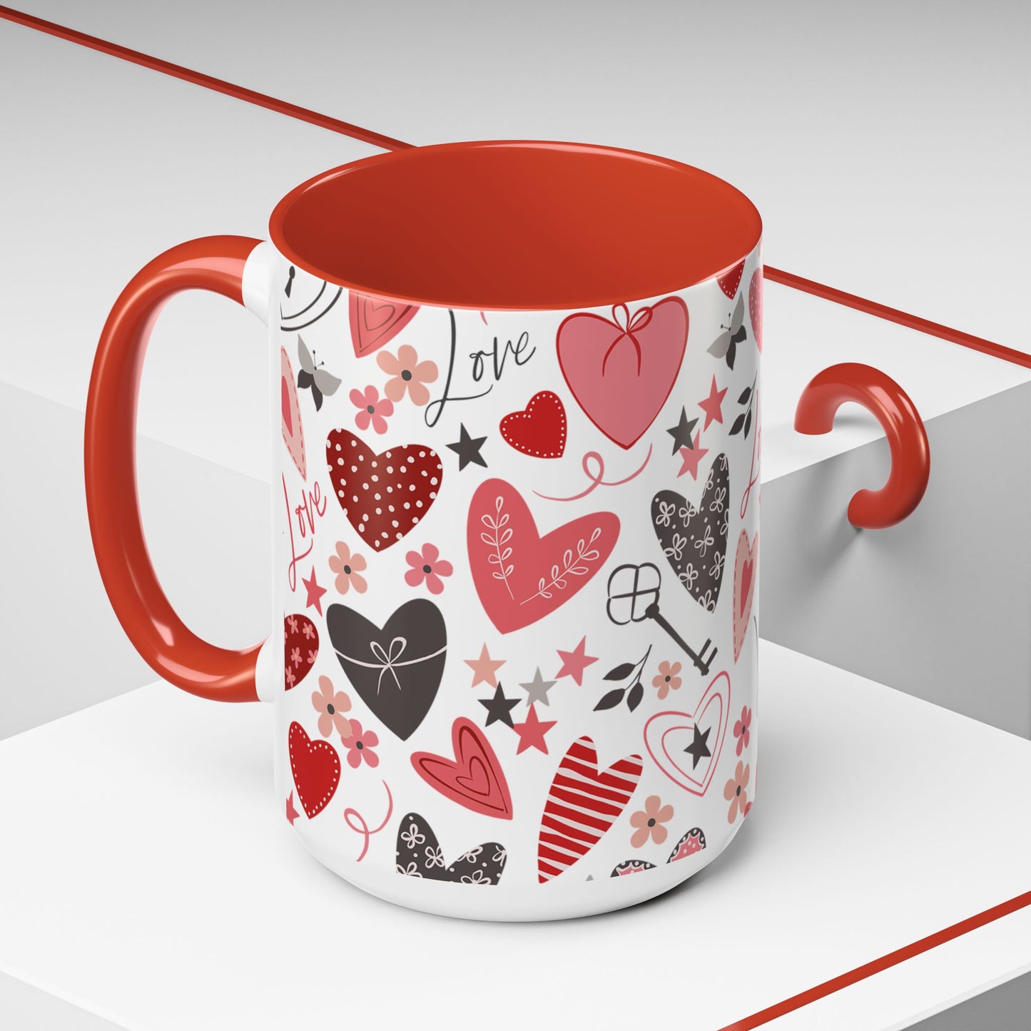 Valentine's Hearts Red Accent Coffee Mug (11, 15oz), Gift for Coffee Lovers, Valentine's Day Mug, Heart Design Cup, Valentine's Gift Idea,