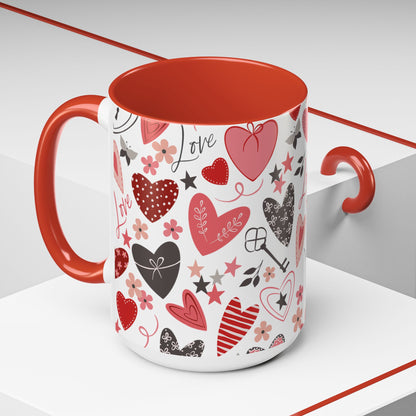 Valentine's Hearts Red Accent Coffee Mug (11, 15oz), Gift for Coffee Lovers, Valentine's Day Mug, Heart Design Cup, Valentine's Gift Idea,