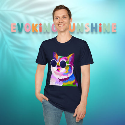 Colorful Cat Art T-Shirt, Fun Tee for Cat Lovers, Vintage Style Graphic Shirt, Cute Pet Gift, Casual Wear for Summer