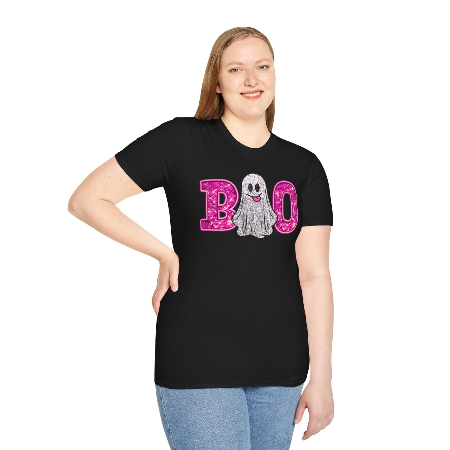 Faux Glitter "BOO" Shirt – Spooky Meets Sparkly! - Unisex Softstyle T-Shirt