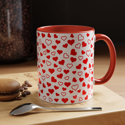 Heart Pattern Coffee Mug, Red Accent Handle, White 11 oz & 15 oz Mug, Valentine's Day Gift, Love Theme Cup, Romantic Drinkware