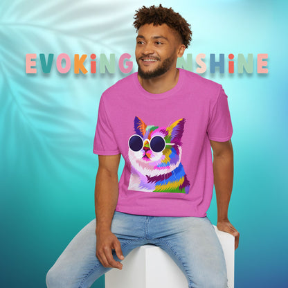 Colorful Cat Art T-Shirt, Fun Tee for Cat Lovers, Vintage Style Graphic Shirt, Cute Pet Gift, Casual Wear for Summer