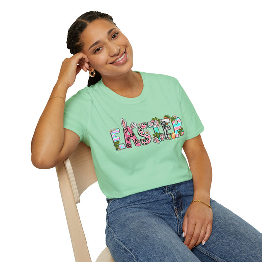 Easter Themed Unisex Softstyle T-Shirt - Colorful Bunny & Egg Design