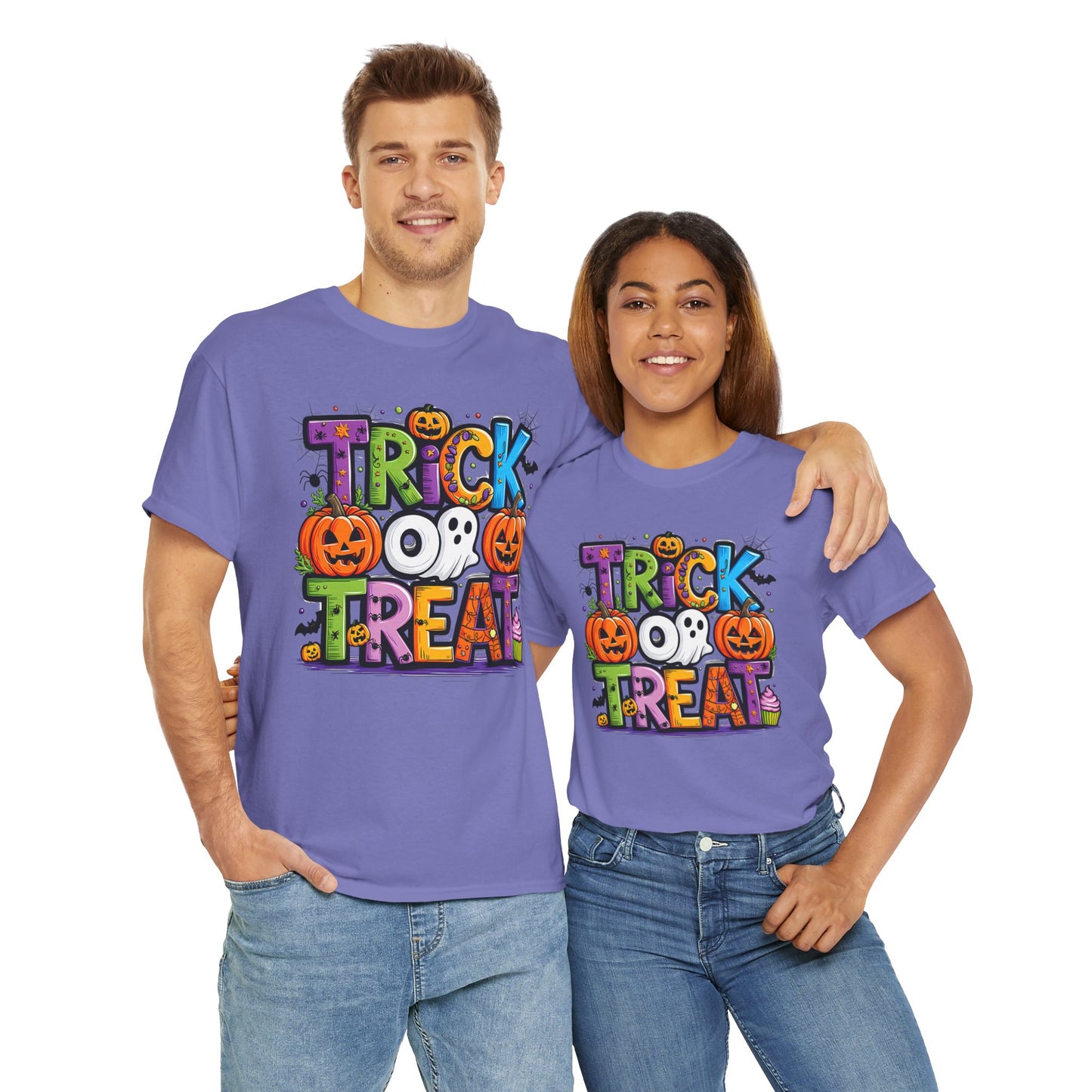 Halloween Trick or Treat Tee, Unisex Shirt for Adults, Jack-o-lantern and Ghost Design, Halloween Costume Shirt, Halloween Party Apparel,