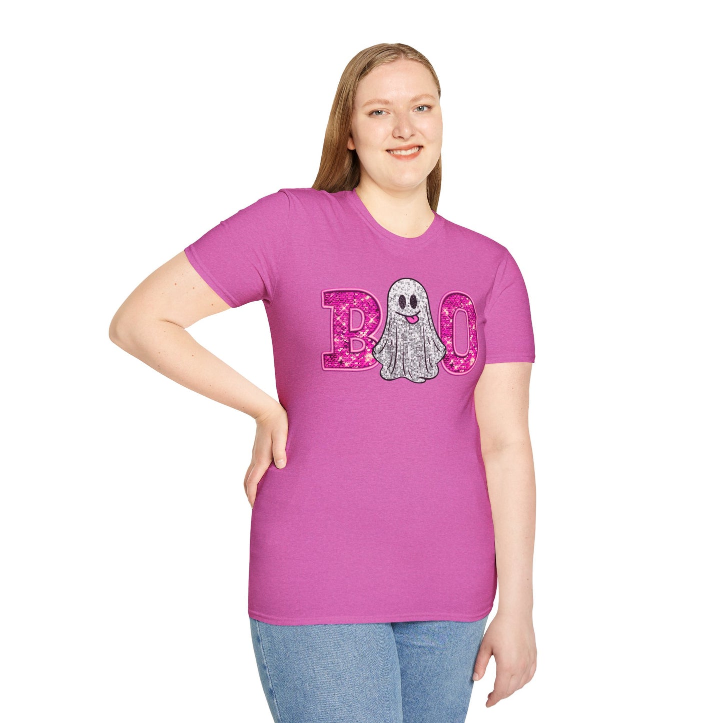 Faux Glitter "BOO" Shirt – Spooky Meets Sparkly! - Unisex Softstyle T-Shirt