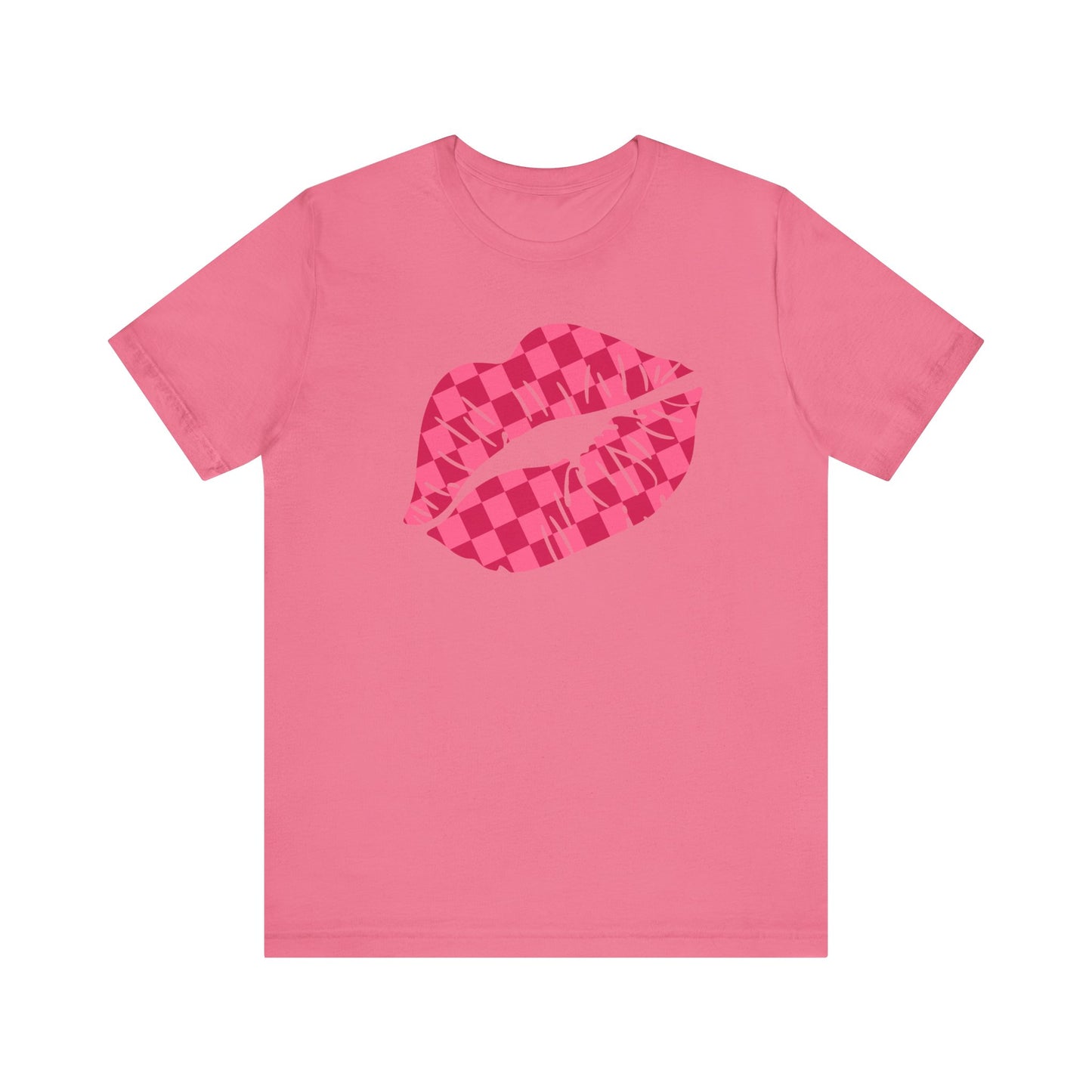 Checkered Smooch T-Shirt, Hot Pink Lips Tee, Fuchsia Kiss Shirt, Unisex Graphic Top, Kiss Print Apparel, Valentine's Shirt,