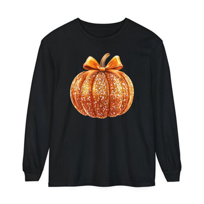 Pumpkin Sequin Long Sleeve Shirt, Halloween Orange Glitter Top & Bow, Comfort Colors Tee, Unisex Garment-dyed T-Shirt