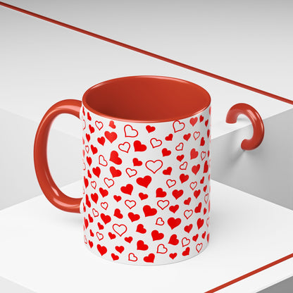 Heart Pattern Coffee Mug, Red Accent Handle, White 11 oz & 15 oz Mug, Valentine's Day Gift, Love Theme Cup, Romantic Drinkware