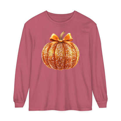 Pumpkin Sequin Long Sleeve Shirt, Halloween Orange Glitter Top & Bow, Comfort Colors Tee, Unisex Garment-dyed T-Shirt